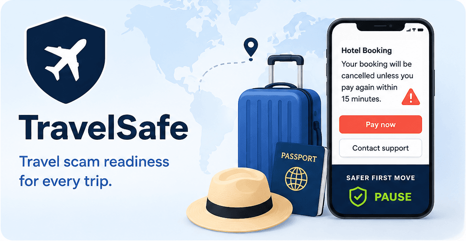 TravelSafe luggage, passport and phone safety illustration